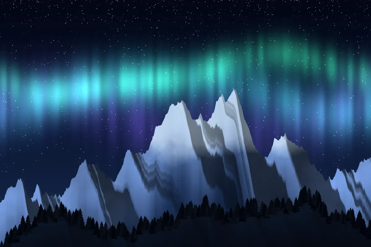 Aurora over snowy peaks at night